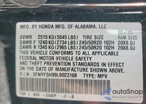 2020 Honda Pilot Touring из США, поврежденный, VIN 5FNYF5H99LB023168
